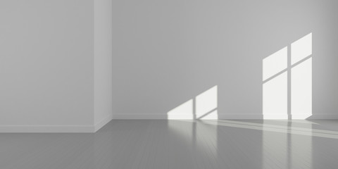 Fototapete - Stimulate image of empty white room and wood plank floor with sun light cast window shadow on the wall,Perspective of minimal design architecture.3d render.