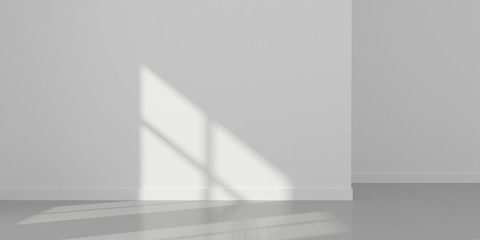 Fototapete - Stimulate image of empty white room and wood plank floor with sun light cast window shadow on the wall,Perspective of minimal design architecture.3d render.
