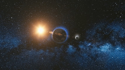Wall Mural - sunrise view from space on planet earth and moon rotating in space. blue sky milky way with thousand