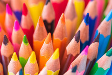 Education Or Back To School Concept. Close Up Macro Shot Of Color Pencil Pile Pencil Nibs On White Background.