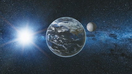 Wall Mural - sunrise view from space on planet earth and moon rotating in space. blue sky milky way with thousand