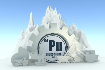 Gear with energy relative silhouettes. Design set of coal mining industry. Plutonium chemical element. 3D rendering