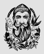 Head Of A Man With A Beard And A Smoking Pipe. Сharacter Of A Sailor. Tattoo Or Print. Hand Drawn Illustration Converted To Vector