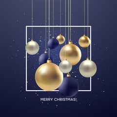 Christmas greeting card, design of xmas black, silvr, gold bauble with golden glitter confetti. Vector illustration