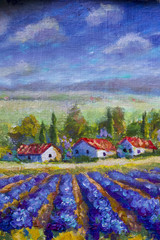 Sticker - Landscape of Italian Tuscany - white houses with red roofs, purple lavender field. Summer rural landscape of Tuscany - textural fragment of a close-up oil painting. Impressionism on canvas.