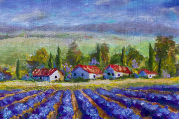 Poster - Landscape of Italian Tuscany - white houses with red roofs, purple lavender field. Summer rural landscape of Tuscany - textural fragment of a close-up oil painting. Impressionism on canvas.