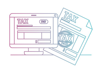 computer with tax on line and documents vector illustration design