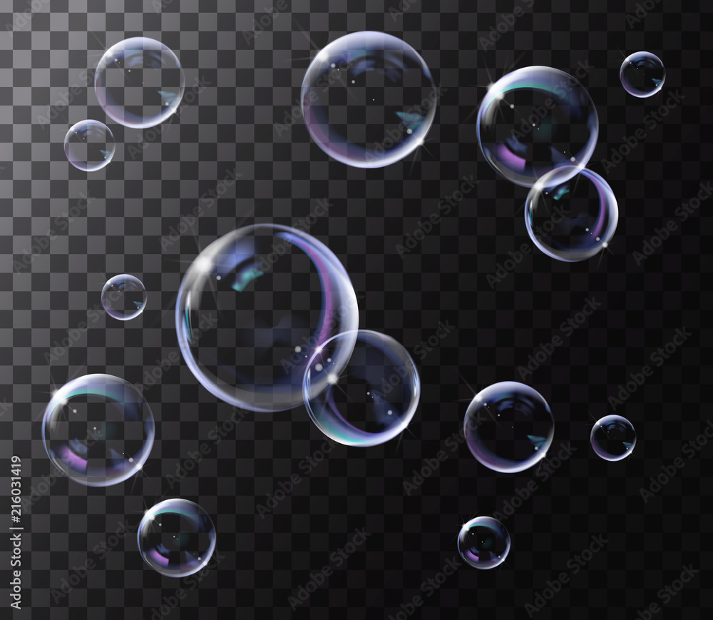 Realistic transparent soap bubbles with rainbow reflection. Isolated set composition. - obrazy, fototapety, plakaty 