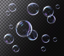 Realistic Transparent Soap Bubbles With Rainbow Reflection. Isolated Set Composition.