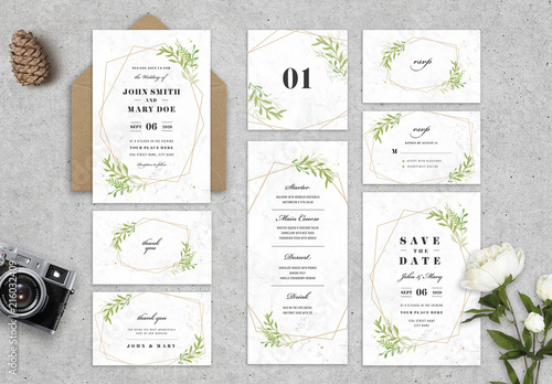 Wedding Stationery Layout With Leaves And Geometric Shapes This Wedding Stationery Layout With Leaves And Geometric Shapes