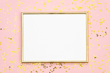 Photo Frame Mock Up With Space For Text, Golden Sequins Confetti On Pink Background. Lay Flat, Top View. Valentine's Minimal Flatly Background.