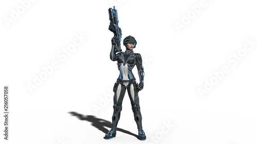 Android Female Soldier Military Cyborg Woman Armed With Rifle