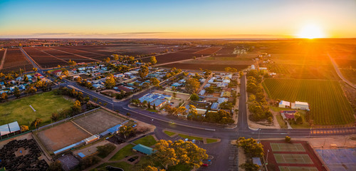 aerial panorama of monash - small town in south australia at sunset