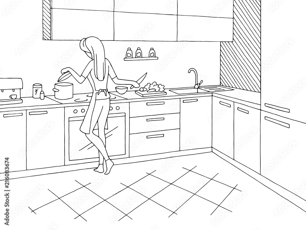 Kitchen Room Graphic Black White Interior Sketch Black And White