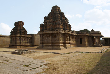 The Amman shrine, left, and the main shrine, right, Hazara Rama Temple. Royal Center or Royal Enclosure. Hampi, Karnataka. View from south west.