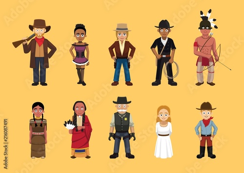 Western Wild West Cute Cartoon Characters Set