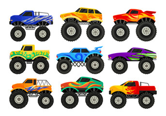 Wall Mural - set of monster trucks. heavy cars with large tires and black tinted windows. flat vector for adverti