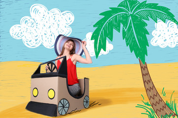 Poster - Young woman driving cardboard auto in imaginary desert. Dreaming of car and travel