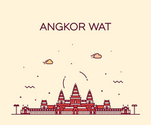 Angkor Wat Skyline Cambodia Vector Linear Style