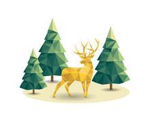 Low Poly Christmas Scene With Reindeer And Pines