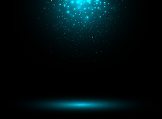 Wall Mural - dark stage background with blue rays of spotlight and falling sparkling