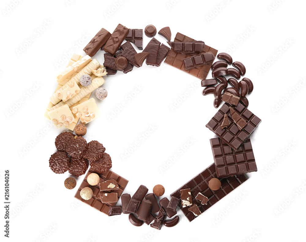 Delicious chocolate with candies on  white background