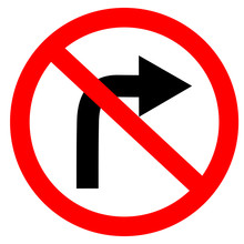 Circular Single White. Red And Black No Turn Right Symbol. Do Not Turn Right At Traffic Road Sign On White Background. Traffic Sign.