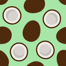 Sweet Whole Coconut And Cut Coconut Tropical Summer Exotic Fruit Brown White Pattern On A Green Background Seamless Vector