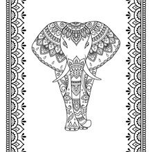 Set Of Mehndi African Elephant With Ethnic Floral Vintage Pattern And Seamless Border For Henna Drawing And Tattoo. Hand Drawn Decorative Doodle Animal In Oriental, Indian Style.