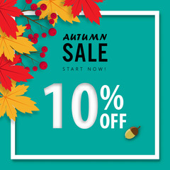 autumn sale banner background ,ten percent sale off with paper art design vector or illustration