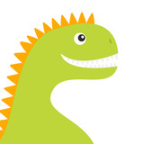 Fototapeta Dinusie - Dinosaur face body. Cute cartoon funny dino baby character. Flat design. Green and orange color. White background. Isolated