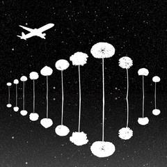 Sticker - Landscape with trees and flying aircraft at night. Vector illustration with isolated silhouettes of maples reflected in water under starry sky. Inverted black and white