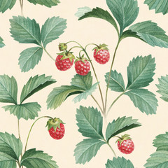 Wall Mural - Watercolor illustration of strawberry bush. Seamless pattern