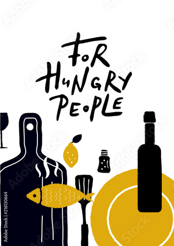 for-hungry-people-czarny-napis-z-zolta-ryba-i-talerzem