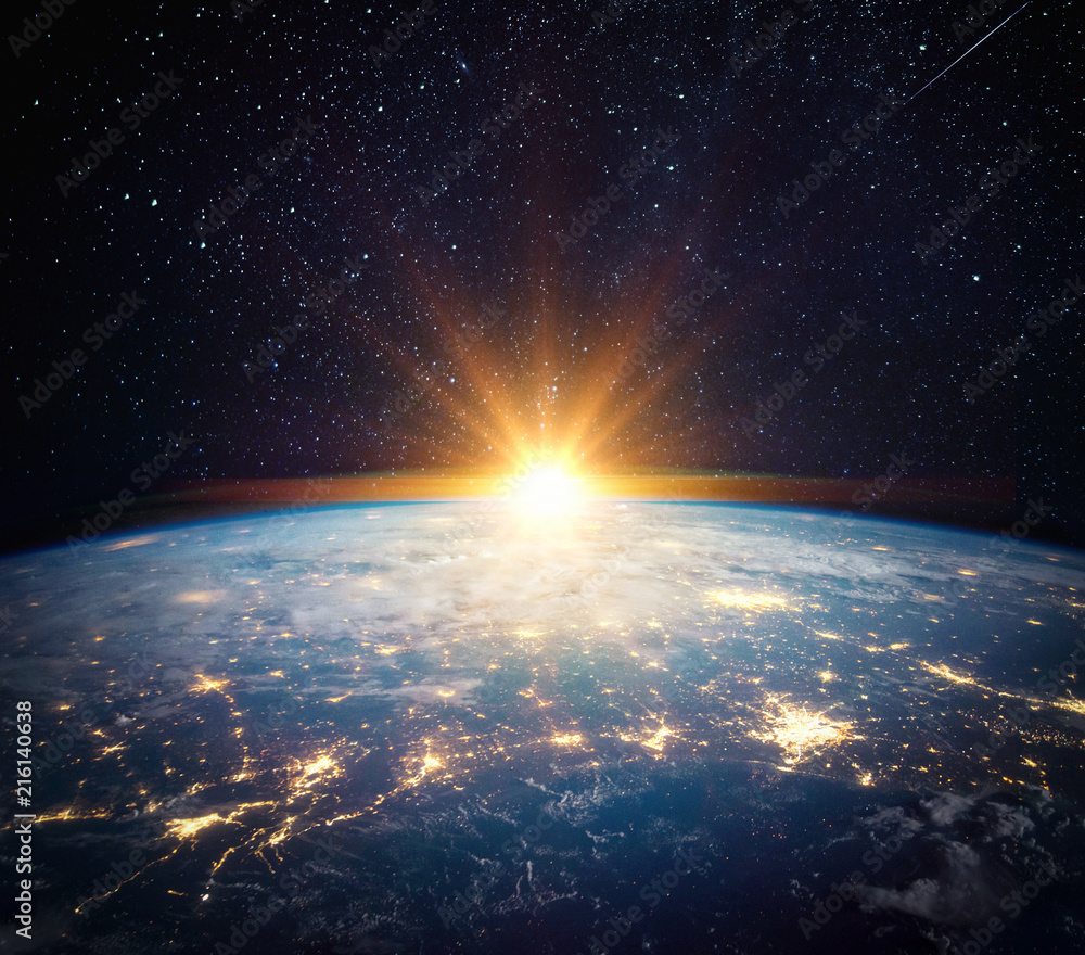 Earth, sun, star and galaxy. Sunrise over planet Earth, view from space.  Elements of this image furnished by NASA Stock Photo | Adobe Stock, image size:1000x880