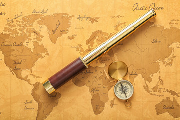 Sticker - Vintage compass with spyglass on world map