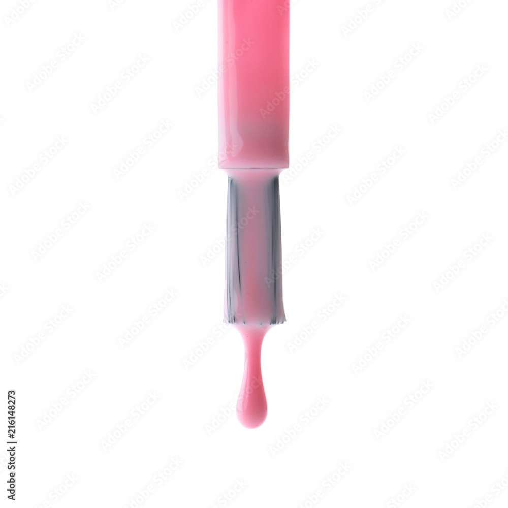 Brush with dripping nail polish on white background