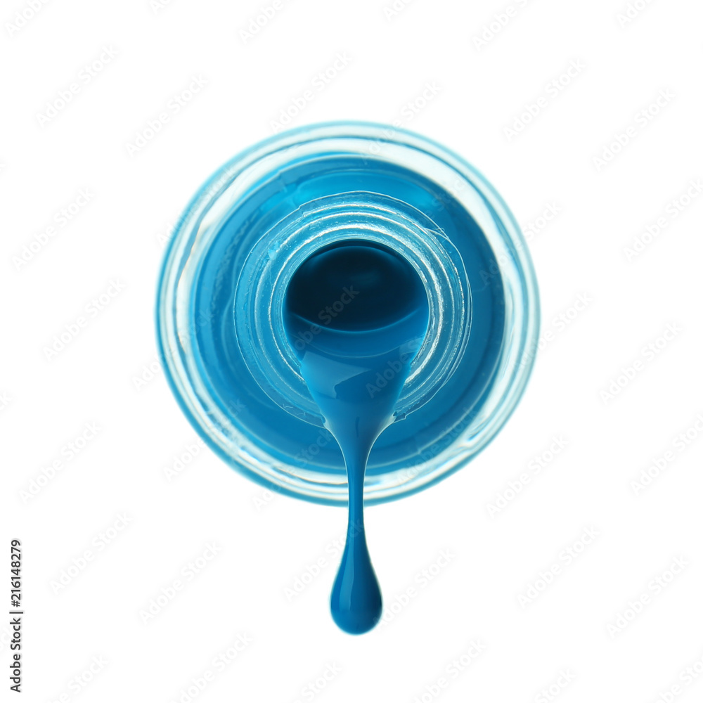 Open bottle with dripping nail polish on white background