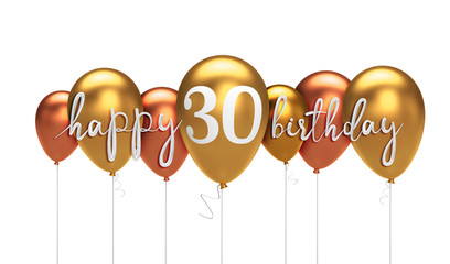 Happy 30th birthday gold balloon greeting background. 3D Rendering