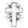 Funeral cross with white lilly flowers. Vector. 