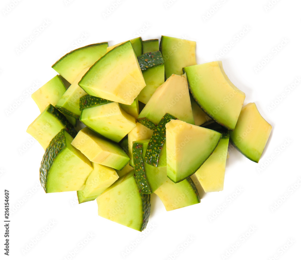 Slices of ripe avocado on white background