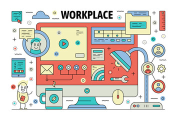 Canvas Print - vector thin line workplace poster banner template