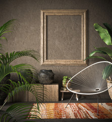 Old wooden frame mock-up in ethnic interior, 3d render