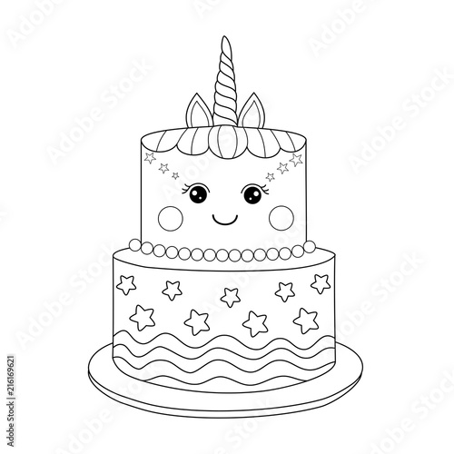 Unicorn cake coloring book for adult. Vector illustration ...