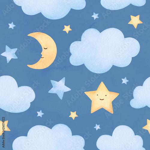 Watercolor illustrations of stars and clouds Tableau sur Toile