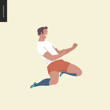 Womens European Football, Soccer Player - Flat Vector Illustration - Soccer Player Winning A Victory -young Woman Wearing European Football Equipment Clenching Fists In Victory, Sitting On Her Knees