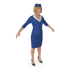 Wall Mural - Stewardess Dressed In Blue Uniform on white. 3D illustration