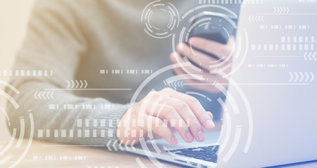 Wall Mural - Close up businessman hand typing or working on laptop for programming about cyber security , advance future technology concept