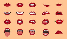 Cartoon Icons Big Set Isolated. Cute Mouth Expressions Facial Gestures Lips Sadness Rapture Disappointment Fear Surprise Joy Smile Cry Despondency Coquetry Cute Mouth. Isolated Vector Illustration