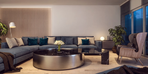 Modern interior design of Italian style living room, contemporary, luxury, night scene